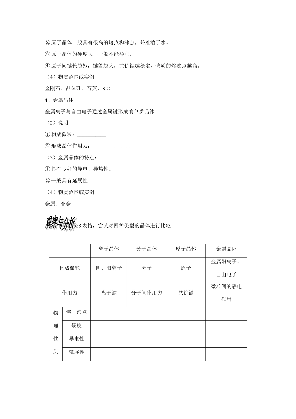 高中化学：1.3.3《从微观结构看物质的多样性》——晶体类型学案（苏教版必修2）_第3页