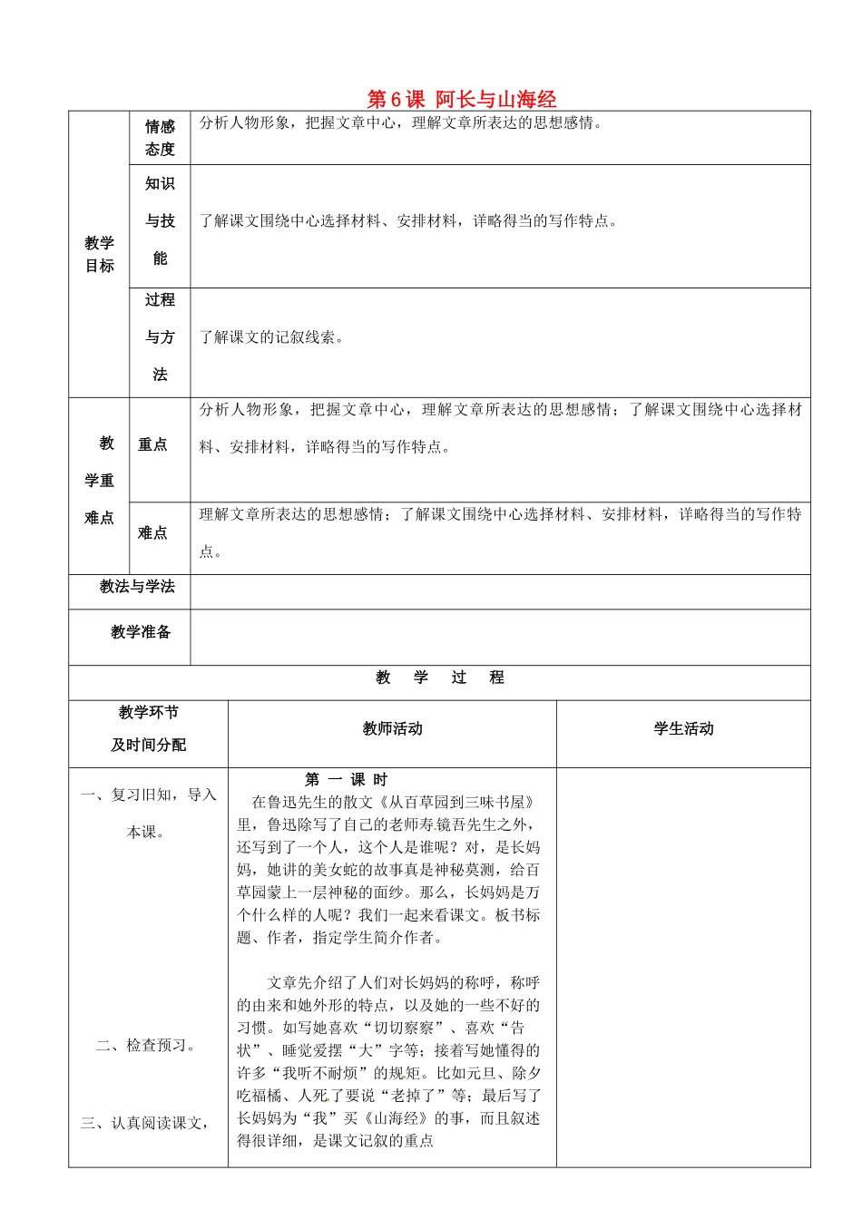陕西省安康市紫阳县紫阳中学初中部八年级语文上册《第6课 阿长与山海经》教案2 新人教版_第1页