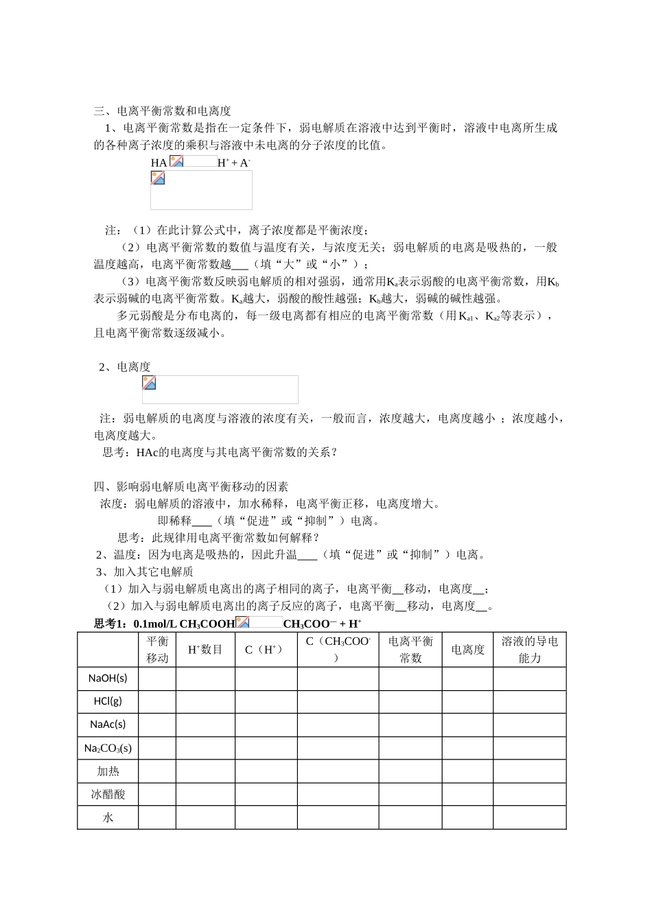 高中化学：3.1 弱电解质的电离平衡 复习学案 苏教版选修4 _第2页