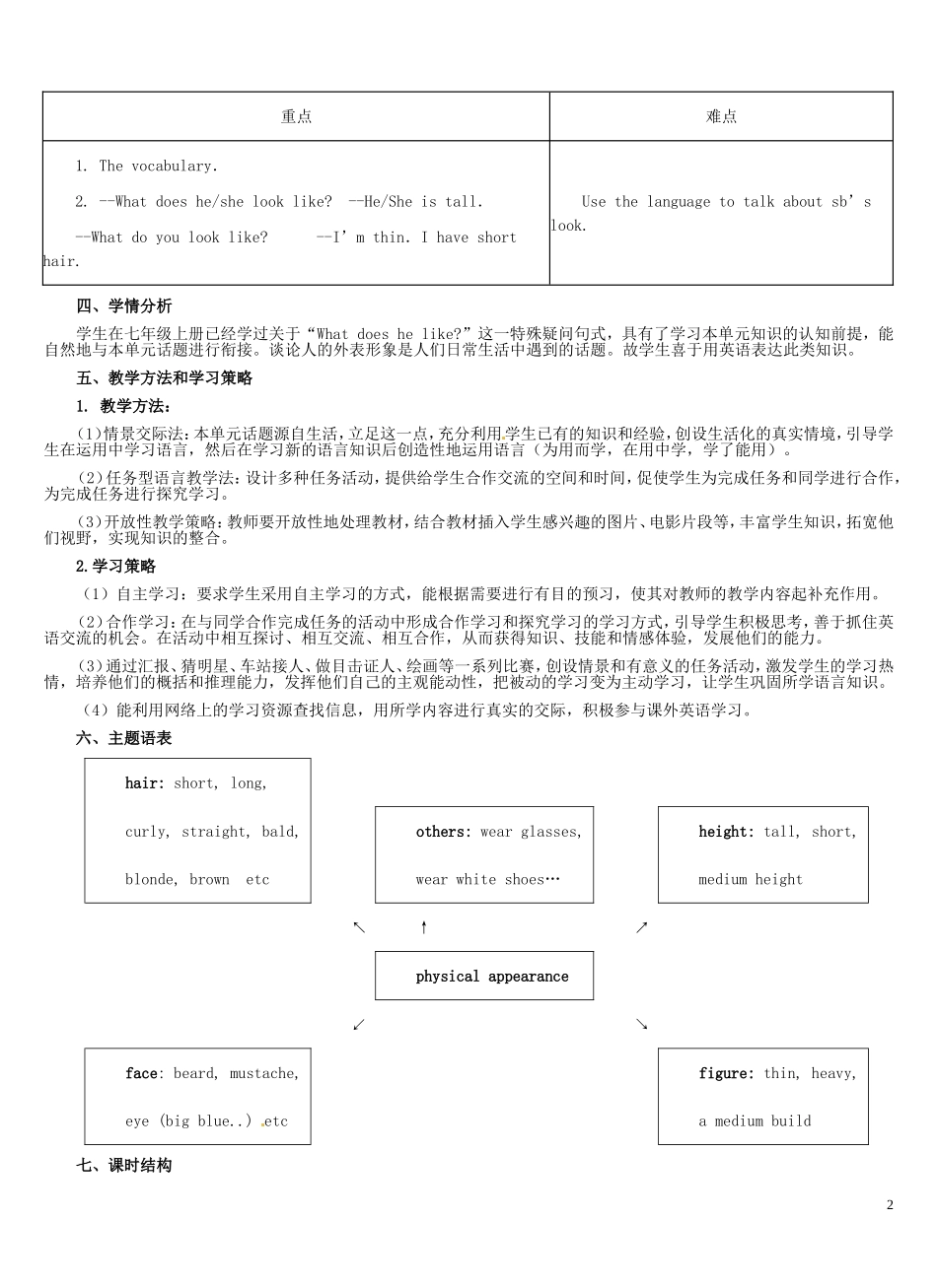 河北省秦皇岛市抚宁县驻操营学区初中七年级英语下册-Unit-7-What-does-he-looke-like教学设计-人教新目标版_第2页