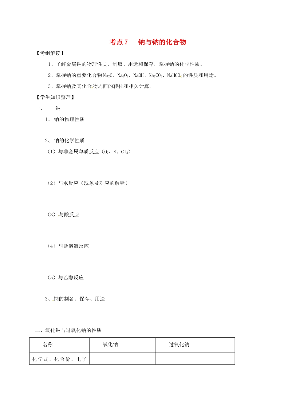 高三化学一轮复习 考点7 钠与钠的化合物学案（无答案）-人教版高三全册化学学案_第1页