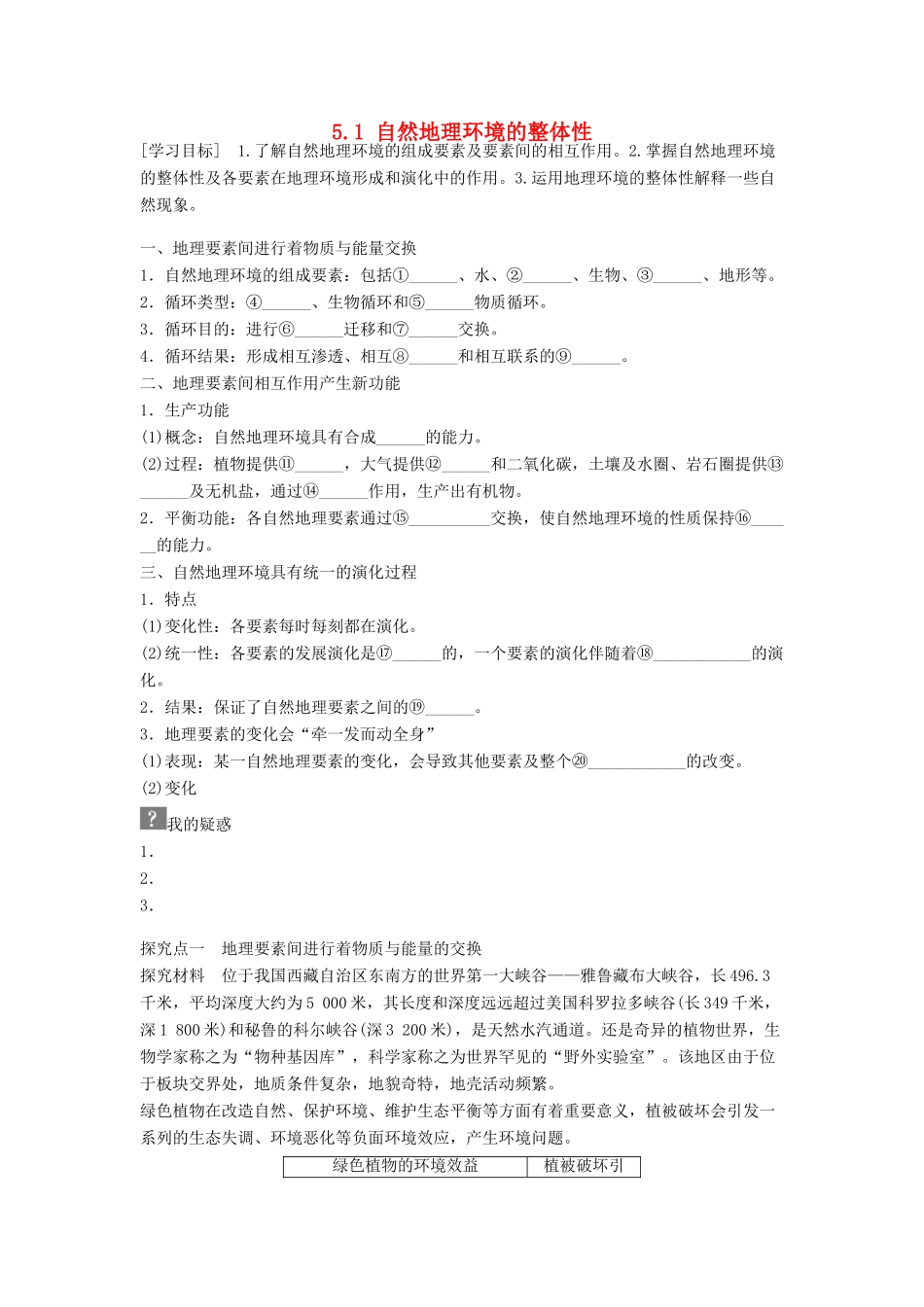 高中地理 第五章 自然地理环境的整体性与差异性 第1节 自然地理环境的整体性导学案 新人教版必修1-新人教版高一必修1地理学案_第1页