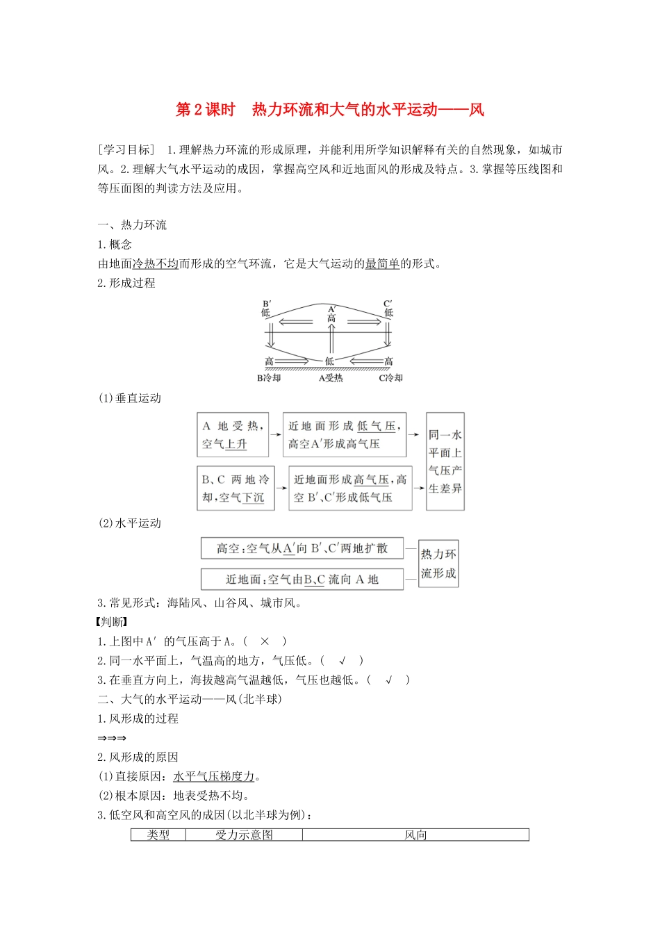 高中地理 第二章 自然地理环境中的物质运动和能量交换 第一节 大气的热状况与大气运动 第2课时学案 中图版必修1-中图版高一必修1地理学案_第1页