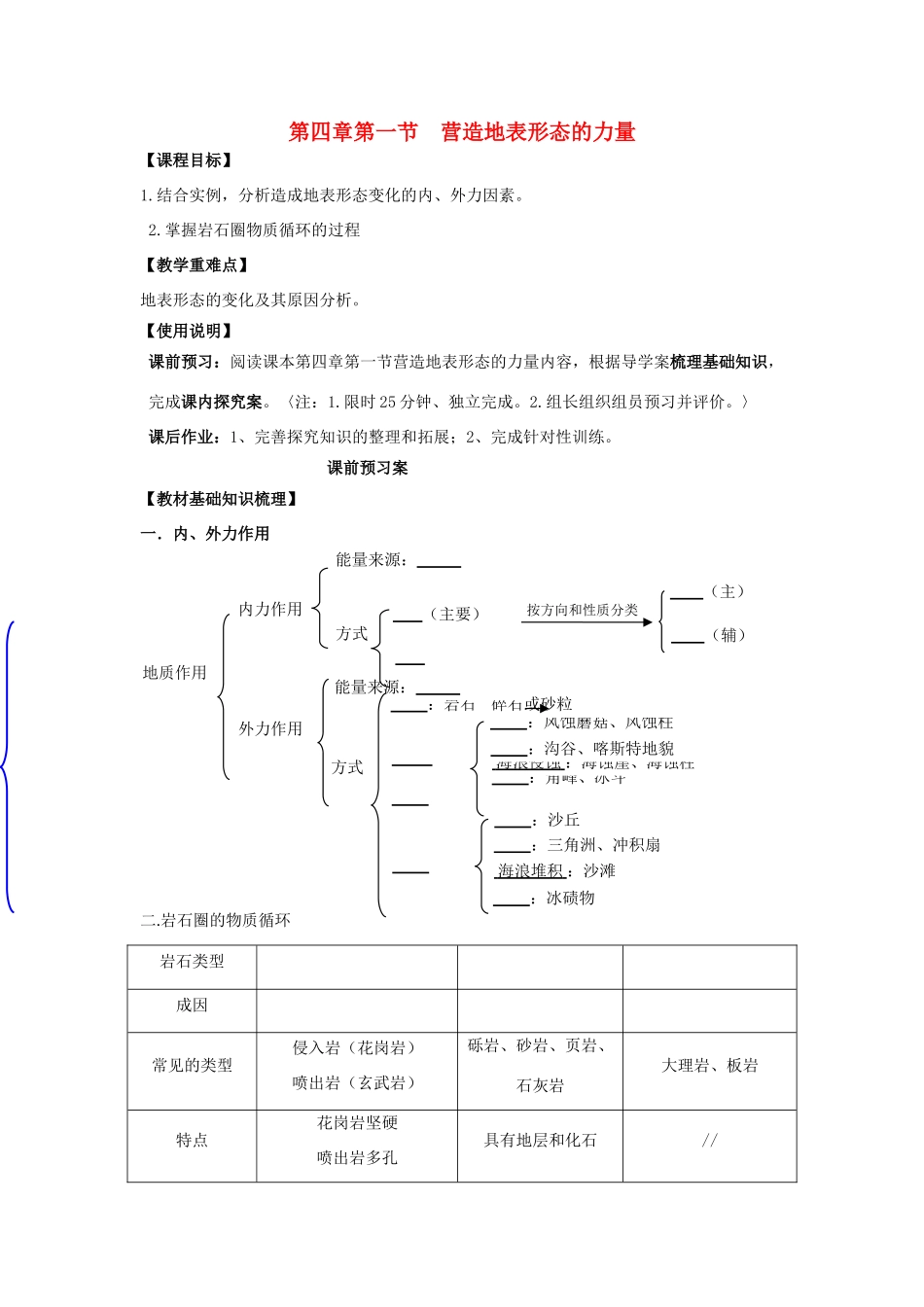 高中地理 4.1 营造地表形态的力量导学案 新人教版必修1-新人教版高一必修1地理学案_第1页