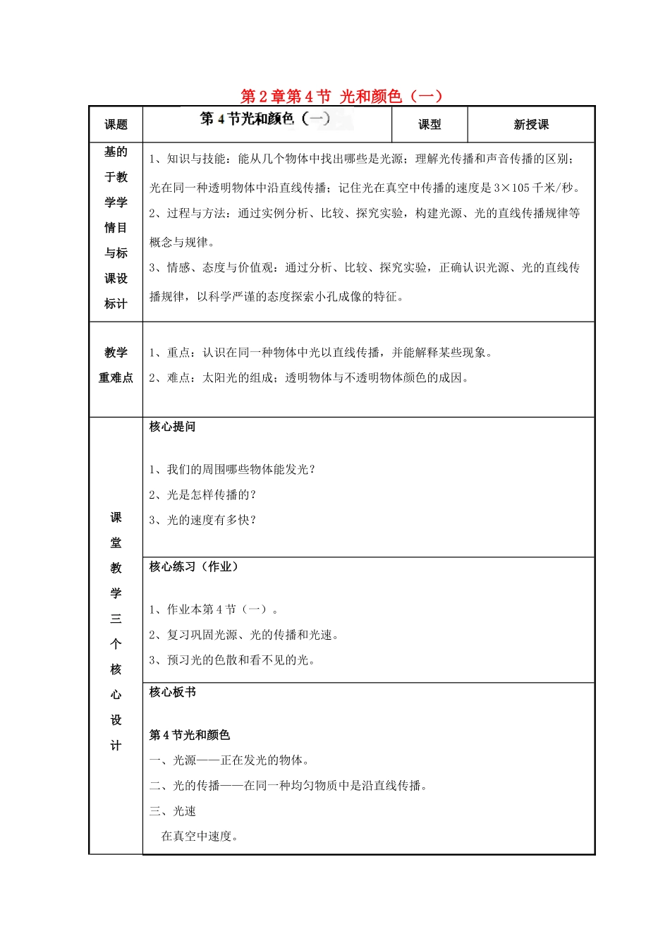 浙江省温州市苍南县桥墩镇五凤学校七年级科学下册 第2章第4节 光和颜色教案（一） 浙教版_第1页