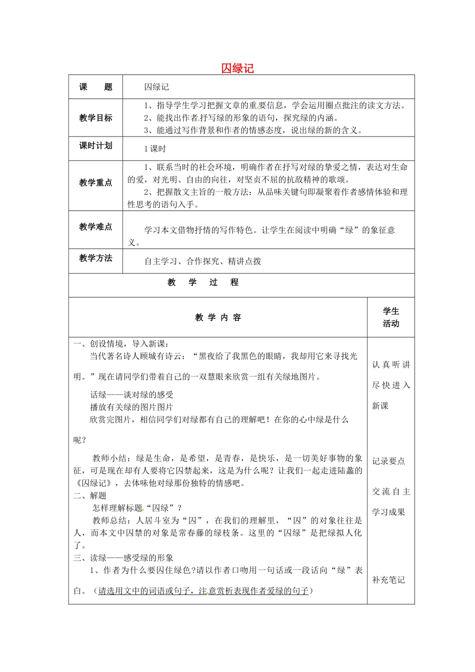 九年级语文上册 第23课《囚绿记》教案 苏教版-苏教版初中九年级上册语文教案_第1页