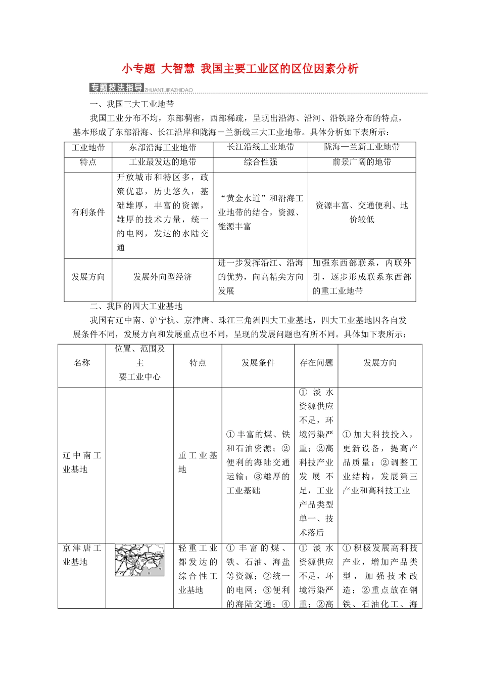 高中地理 第四章 工业地域的形成与发展 小专题大智慧 我国主要工业区的区位因素分析学案（含解析）新人教版必修2-新人教版高一必修2地理学案_第1页