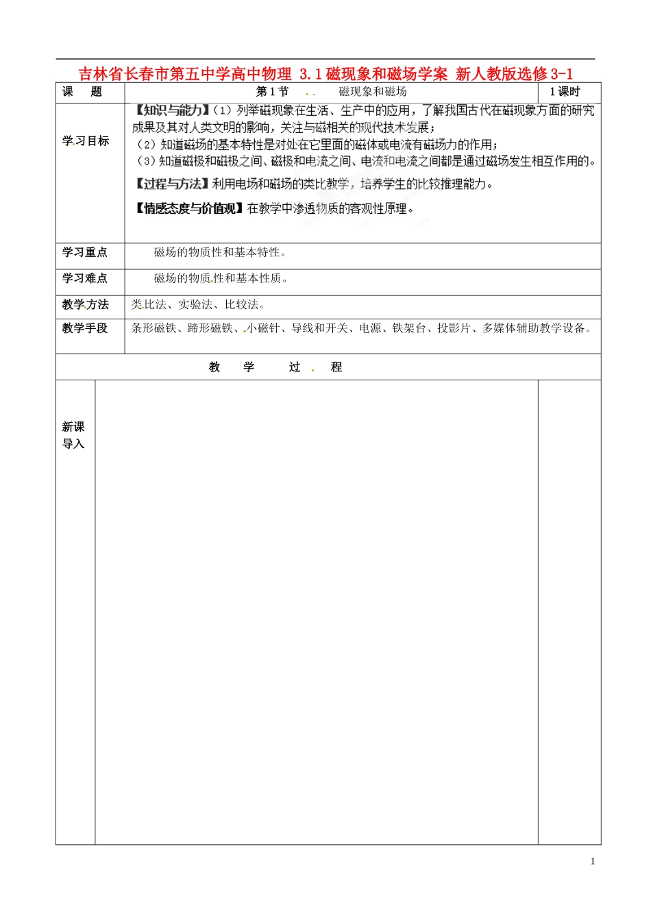 吉林省长春市第五中学高中物理 3.1磁现象和磁场学案 新人教版选修3-1_第1页