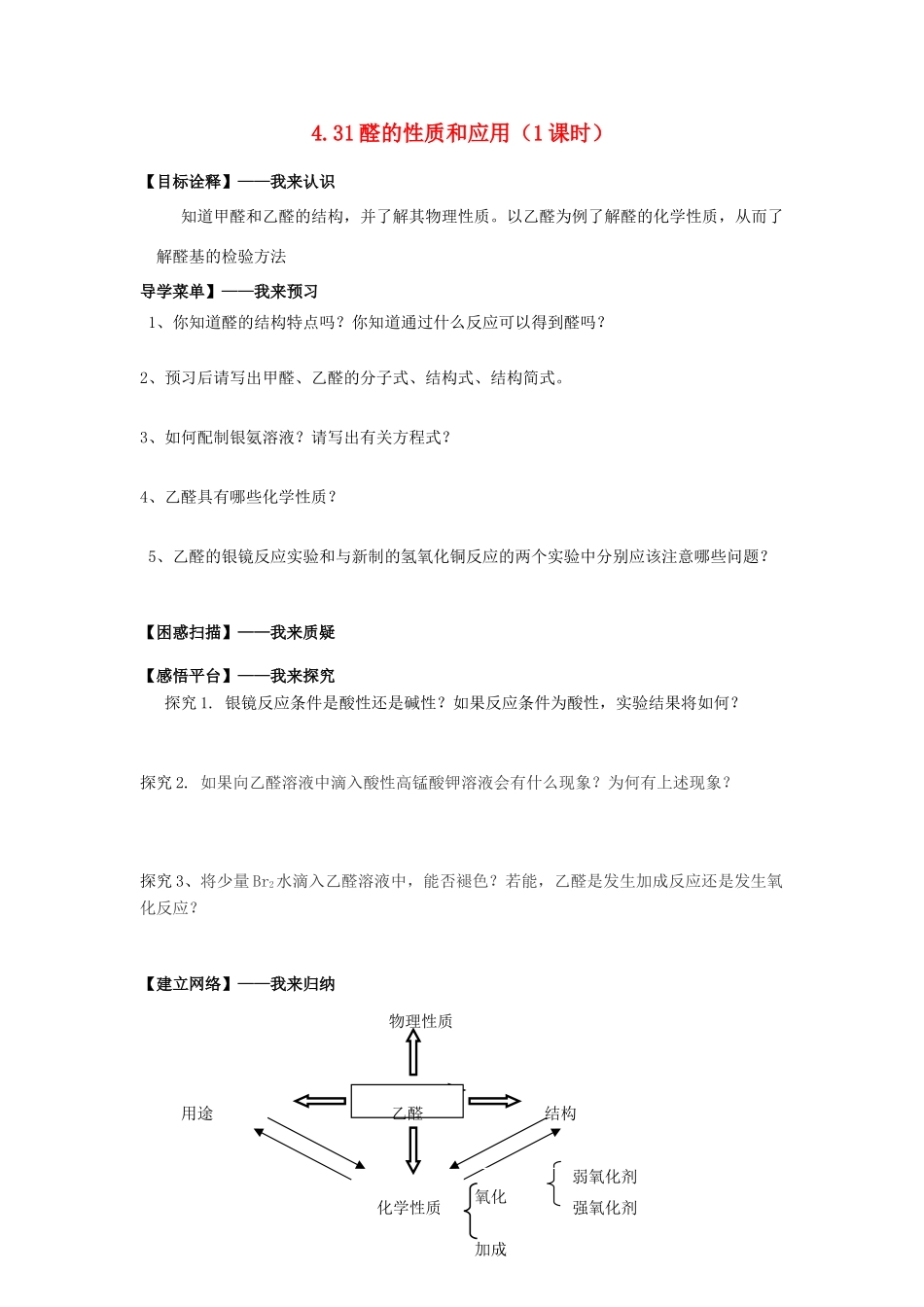 高中化学 4.31醛的性质和应用（1课时）学案 苏教版选修5-苏教版高二选修5化学学案_第1页