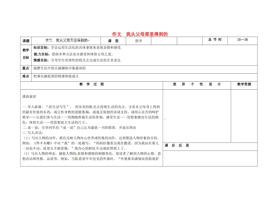 吉林省长春市第一零四中学九年级语文上册 我从父母那里得到的作文教案 长春版_第1页
