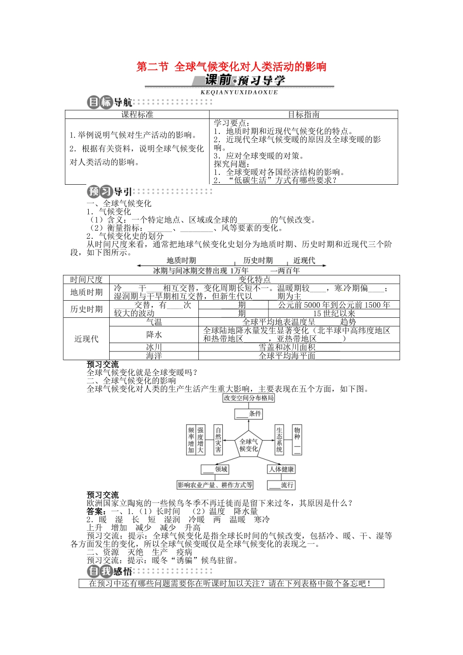 高中地理 第四章 第2节 全球气候变化对人类活动的影响导学案 湘教版必修1-湘教版高一必修1地理学案_第1页