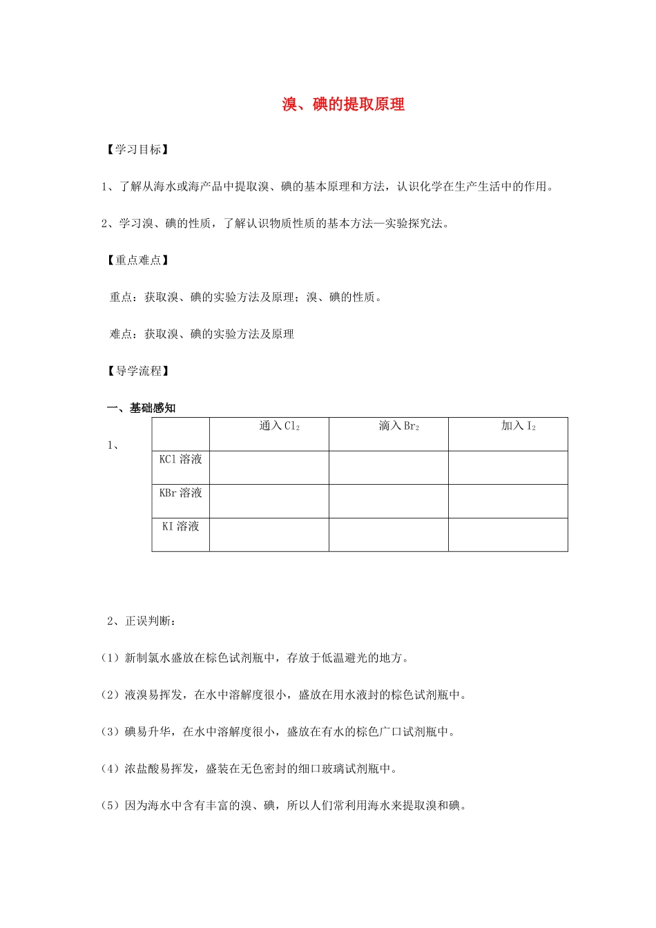 高中化学 2-1（课时19）溴、碘的提取原理导学案 苏教版必修1-苏教版高一必修1化学学案_第1页