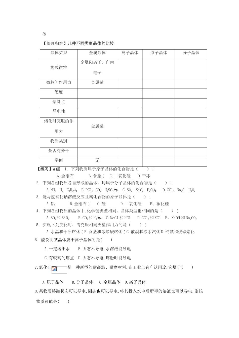 高中化学 专题3 微粒间作用力与物质性质 3.1 金属键金属晶体（第1课时）不同类型的晶体学案 苏教版选修3-苏教版高二选修3化学学案_第2页