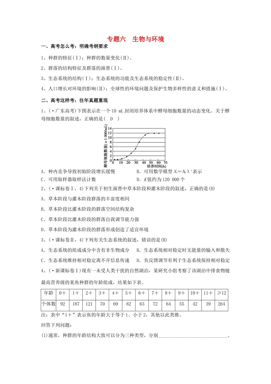 湖南省新田县高三生物二轮复习 专题6 生物与环境学案-人教版高三全册生物学案_第1页