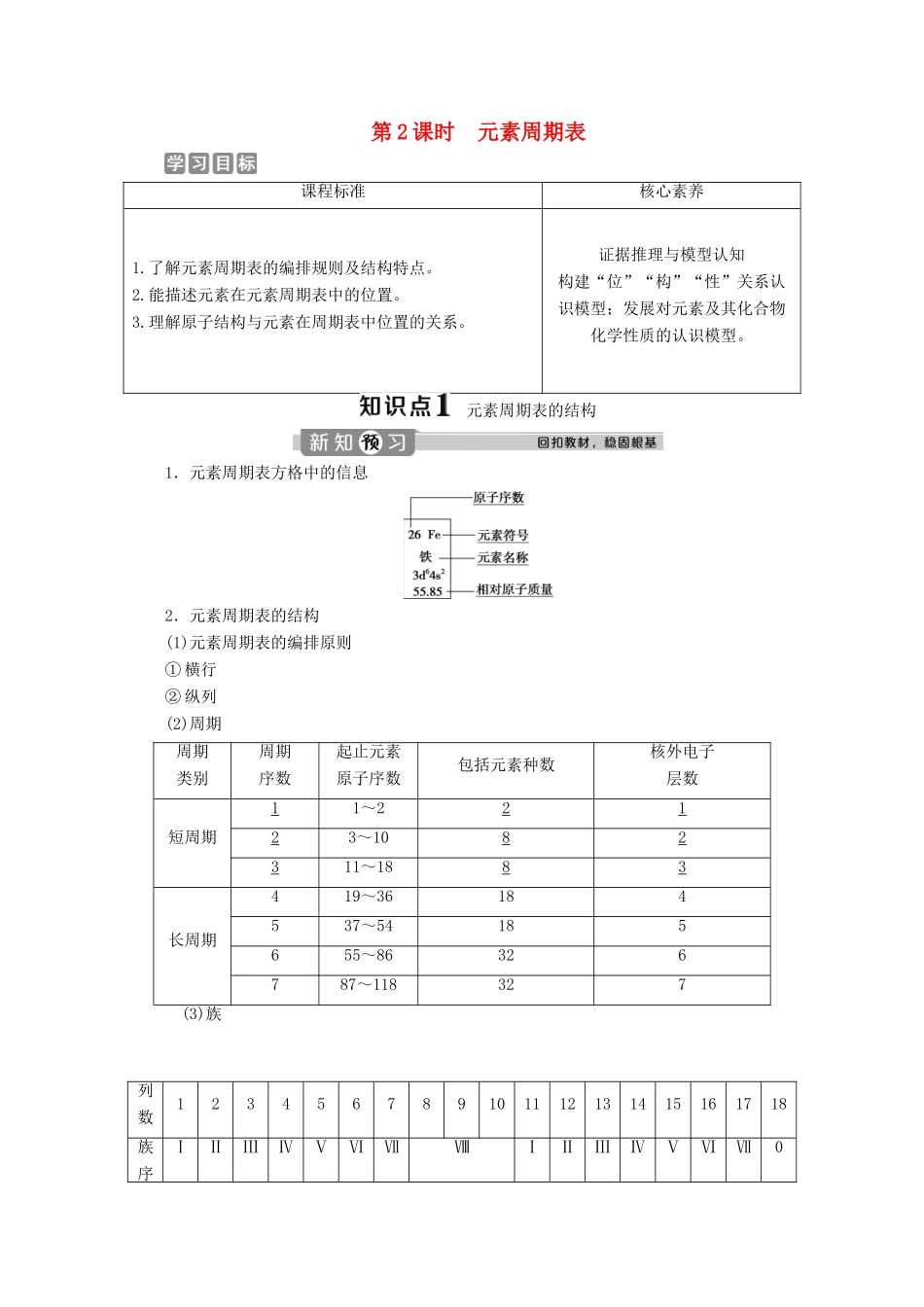 高中化学 第一章 原子结构 元素周期律 第二节 元素周期律和元素周期表 第2课时 元素周期表学案 鲁科版必修第二册-鲁科版高一第二册化学学案_第1页