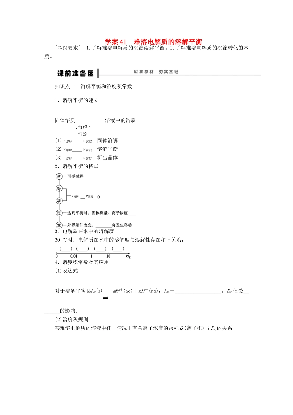 高考化学大一轮总复习 难溶电解质的溶解平衡学案41-人教版高三全册化学学案_第1页