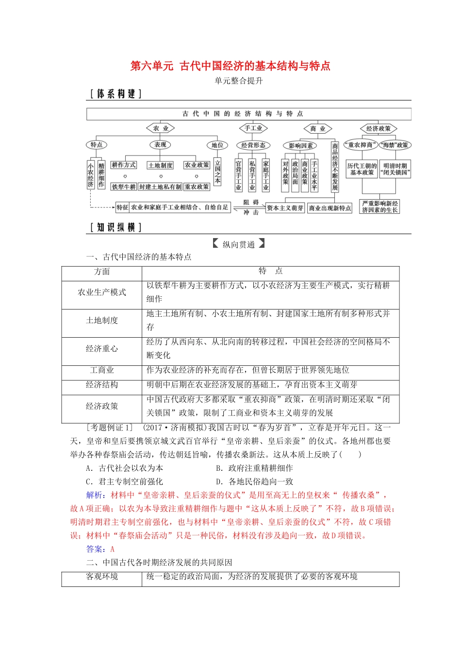 高考历史总复习 第六单元 古代中国经济的基本结构与特点单元整合提升学案-人教版高三全册历史学案_第1页