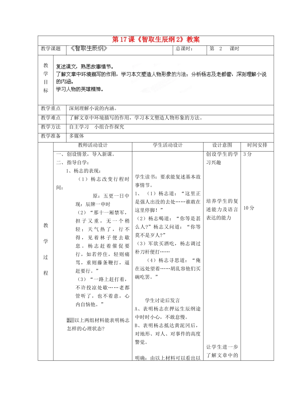 北京市顺义区大孙各庄中学九年级语文上册 第17课《智取生辰纲》教案2 新人教版_第2页