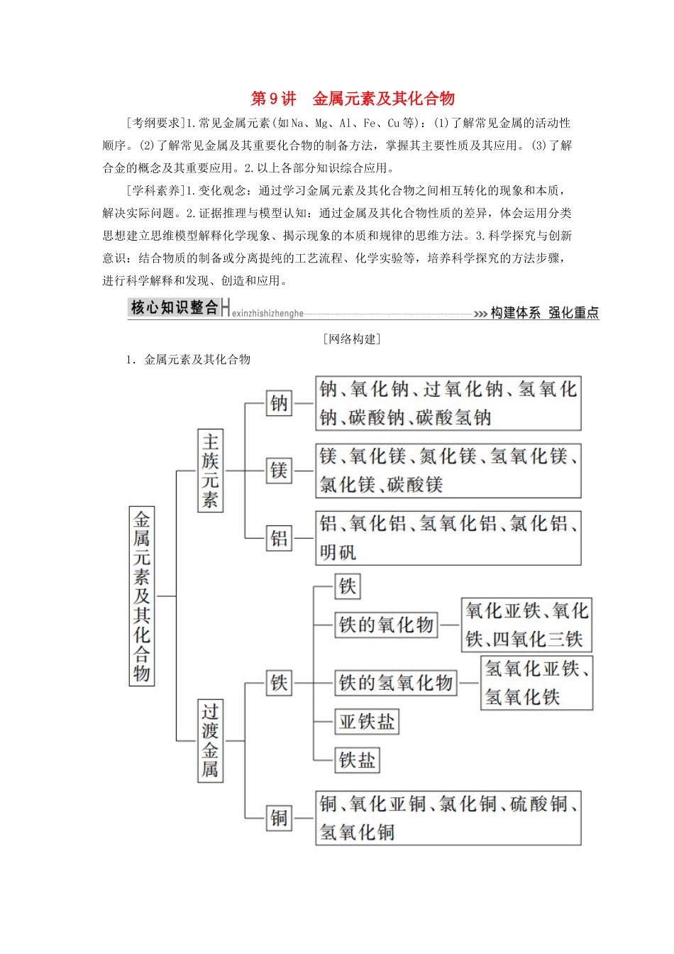 高考化学二轮复习 第9讲 金属元素及其化合物学案-人教版高三全册化学学案_第1页