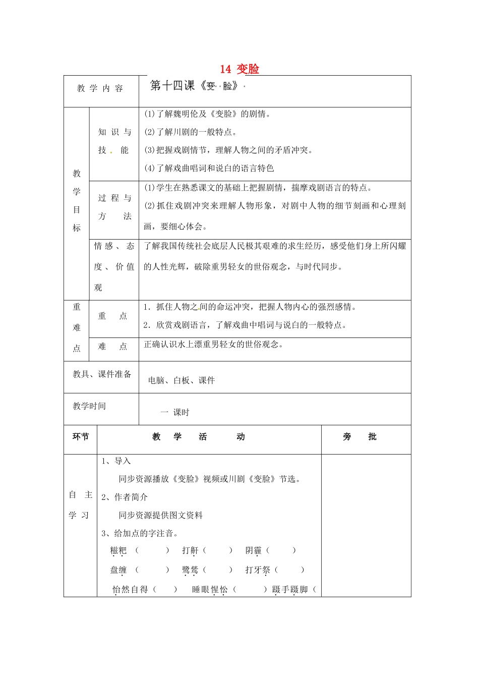 安徽省滁州市定远县炉桥中学九年级语文下册 第四单元 14 变脸教案 新人教版_第1页