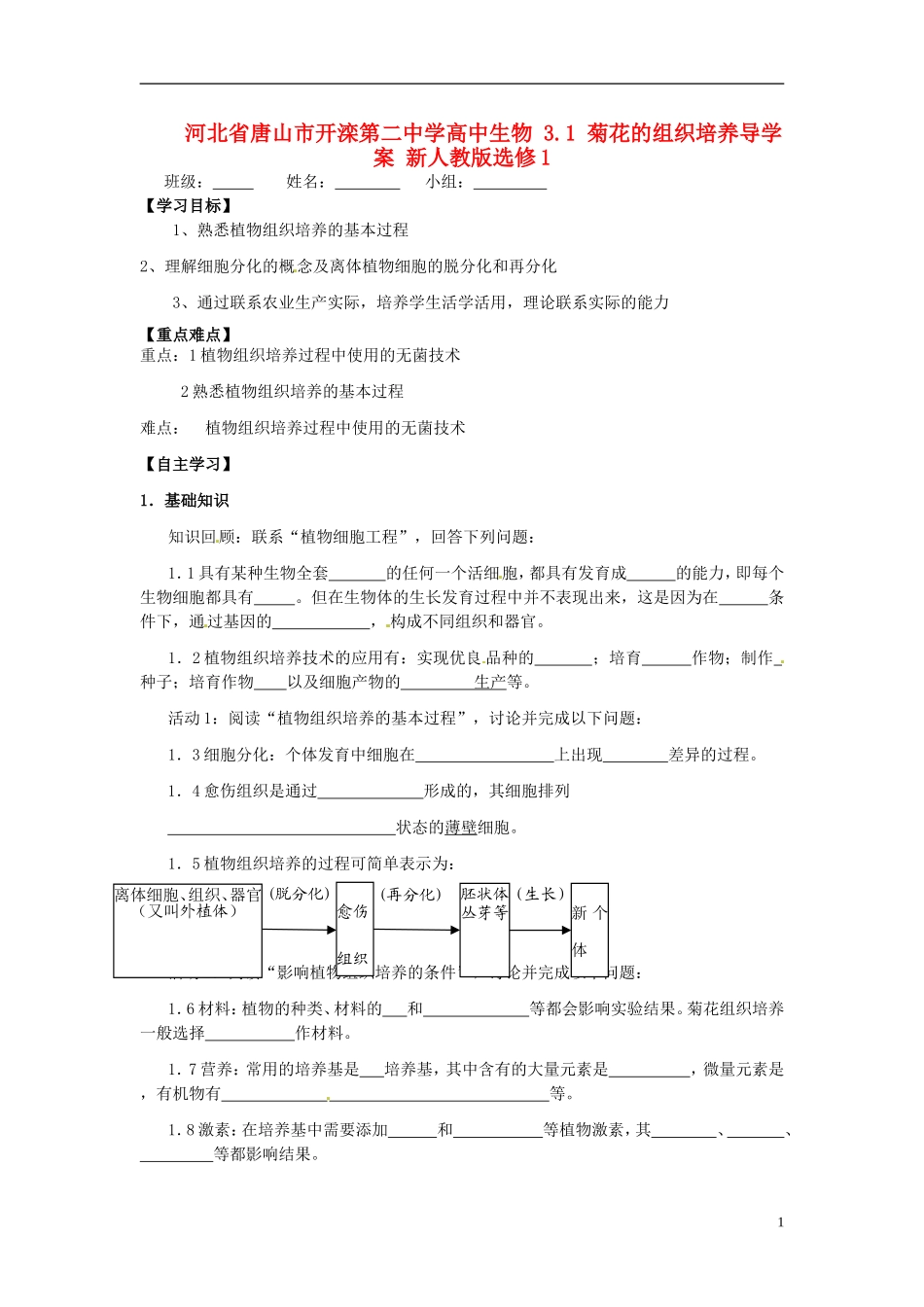 河北省唐山市开滦第二中学高中生物 3.1 菊花的组织培养导学案 新人教版选修1_第1页