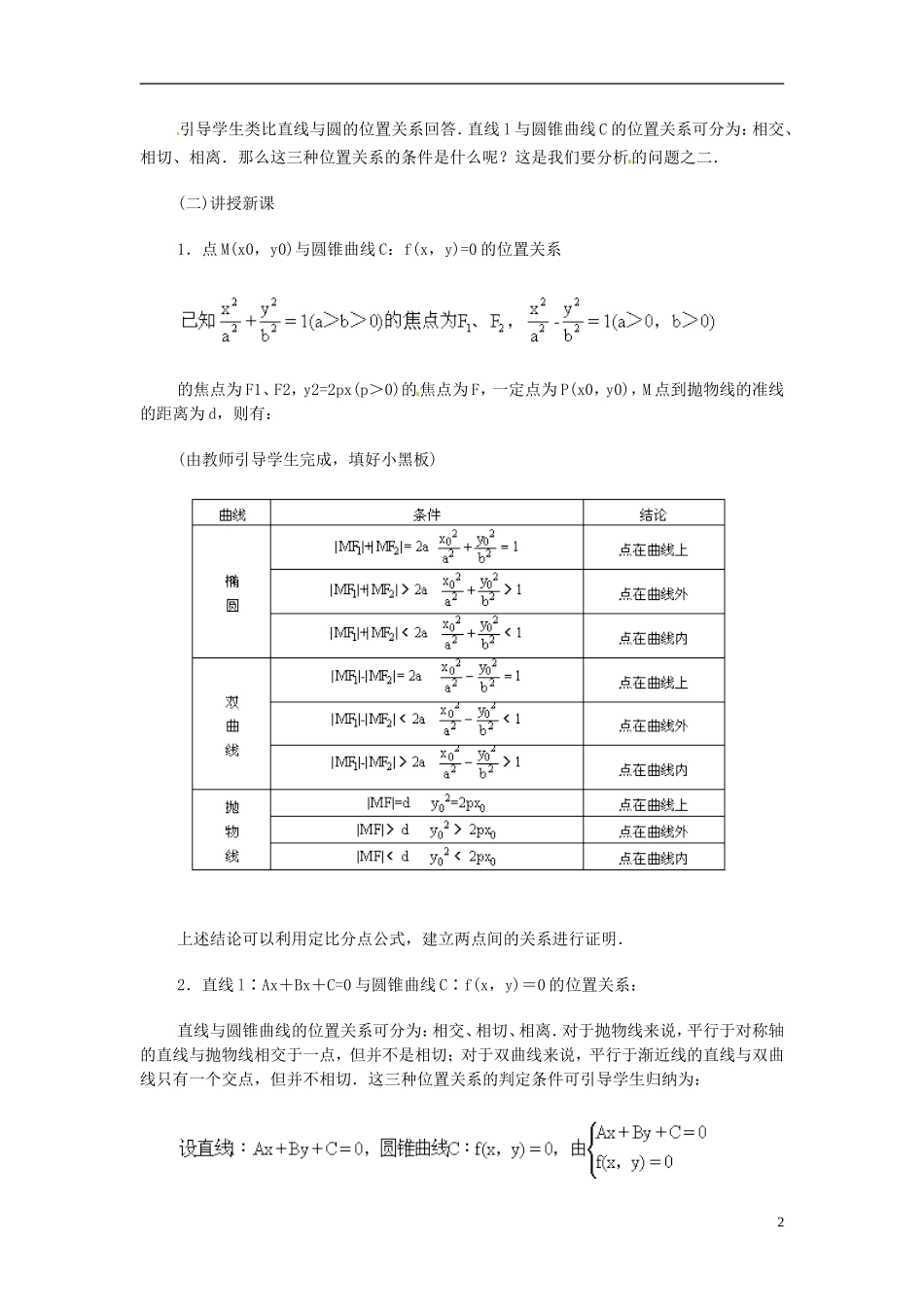 湖南省师范大学附属中学高三数学总复习 点、直线与圆锥曲线的位置关系教案_第2页
