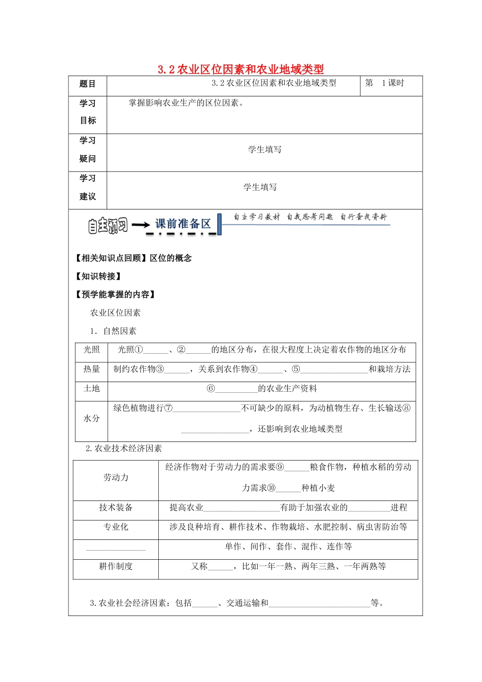 高中地理 第三章 区域产业活动 3.2 农业区位因素和农业地域类型（第1课时）学案 湘教版必修2-湘教版高一必修2地理学案_第1页
