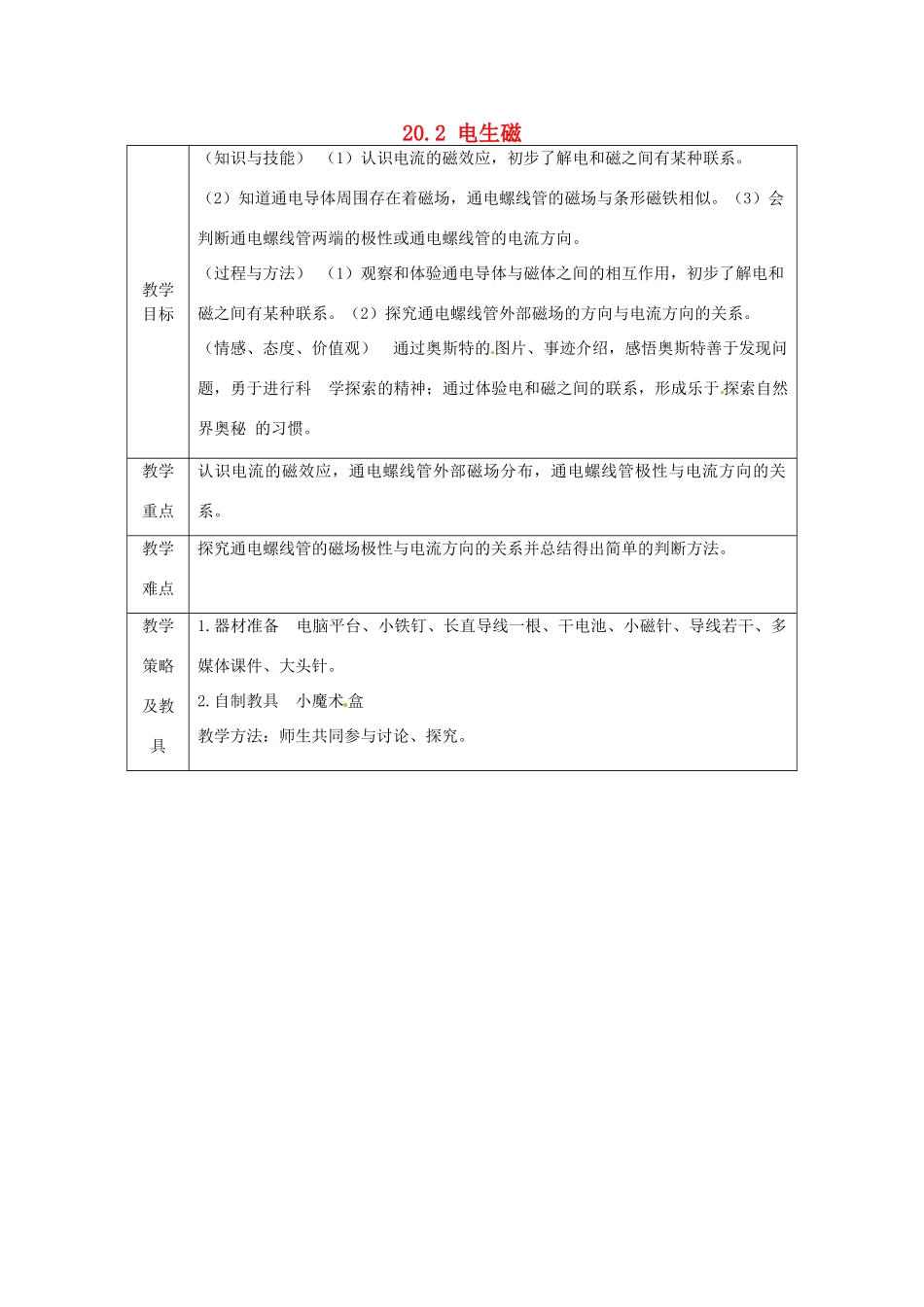 浙江省温州市龙湾区实验中学九年级物理全册《20.2 电生磁》教案 新人教版_第1页