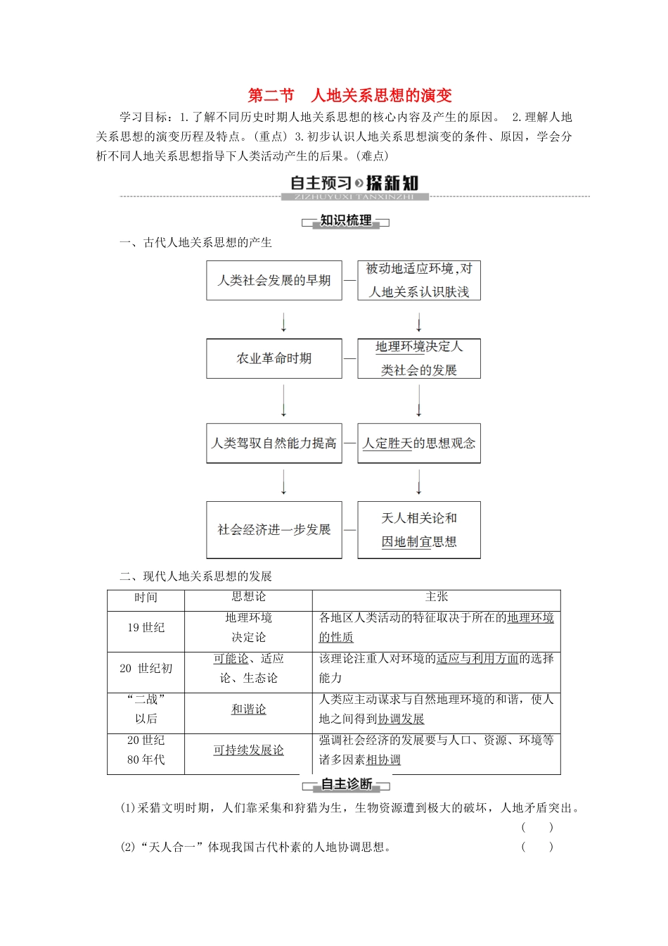 高中地理 第4章 人类与地理环境的协调发展 第2节 人地关系思想的演变学案 湘教版必修2-湘教版高一必修2地理学案_第1页