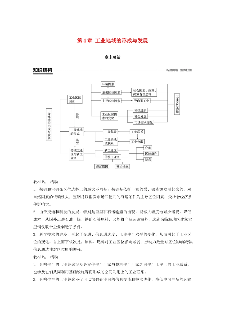 高中地理 第4章 工业地域的形成与发展章末总结学案 新人教版必修2-新人教版高一必修2地理学案_第1页