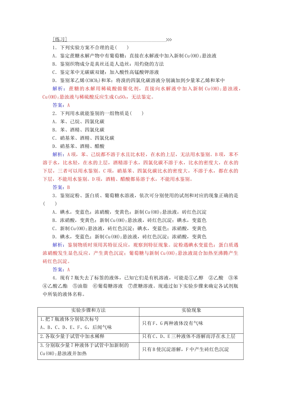 高中化学 专题讲座（四）有机物的检验与鉴别学案 鲁科版必修2-鲁科版高中必修2化学学案_第2页
