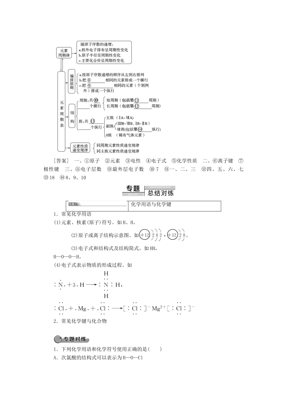 高中化学 第1章 物质结构 元素周期律 章末复习课学案 新人教版必修2-新人教版高中必修2化学学案_第2页