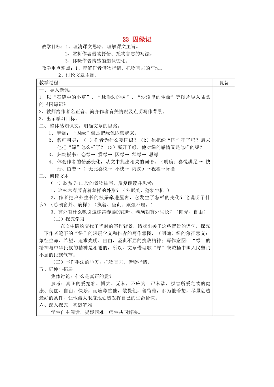 初中部九年级语文上册 5.23 囚绿记教案 苏教版-苏教版初中九年级上册语文教案_第1页