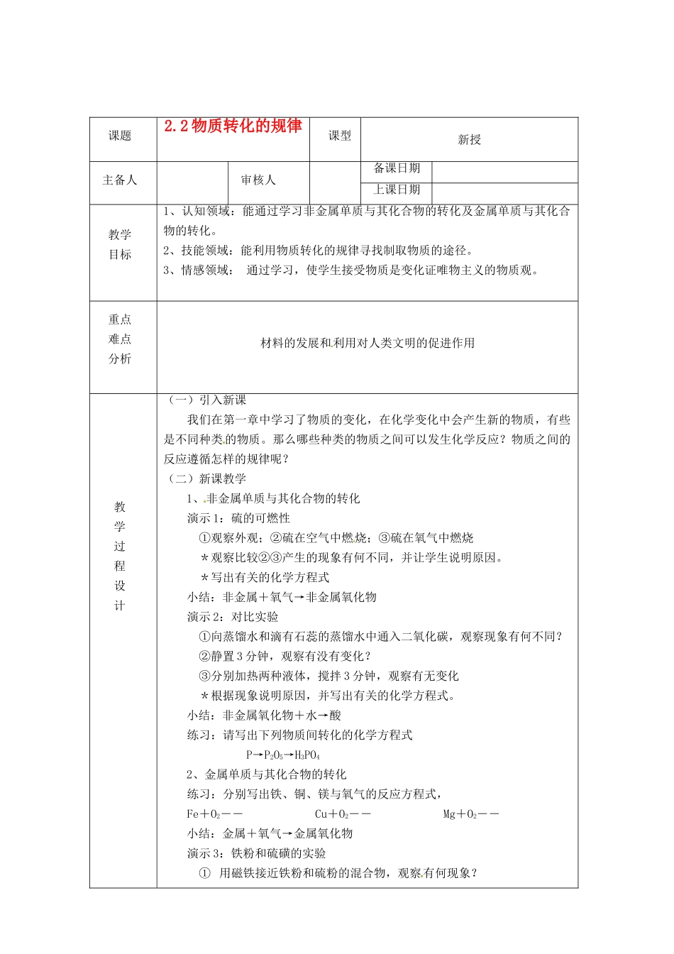 浙江省绍兴县杨汛桥镇中学九年级科学上册《2.2物质转化的规律（一）》教案 浙教版_第1页