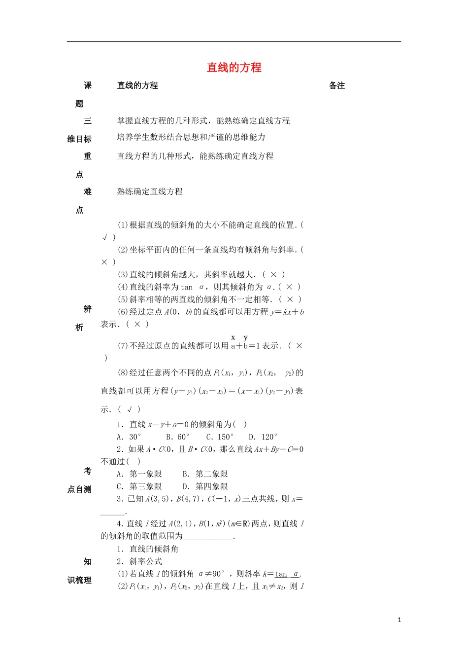 湖南省益阳市高三数学 直线的方程复习教案-人教版高三全册数学教案_第1页