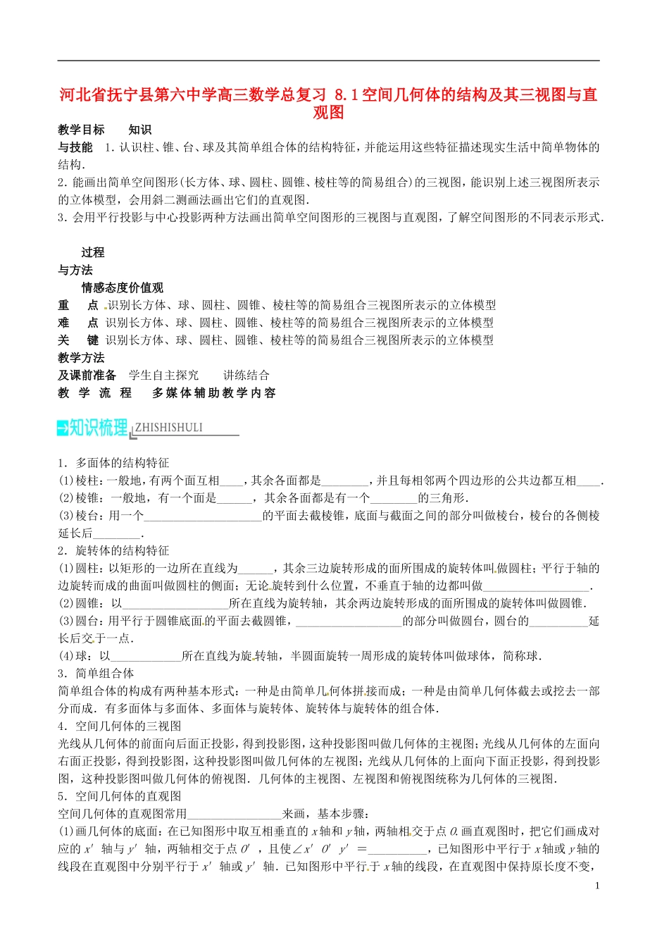 河北省抚宁县第六中学高三数学总复习 8.1空间几何体的结构及其三视图与直观图_第1页