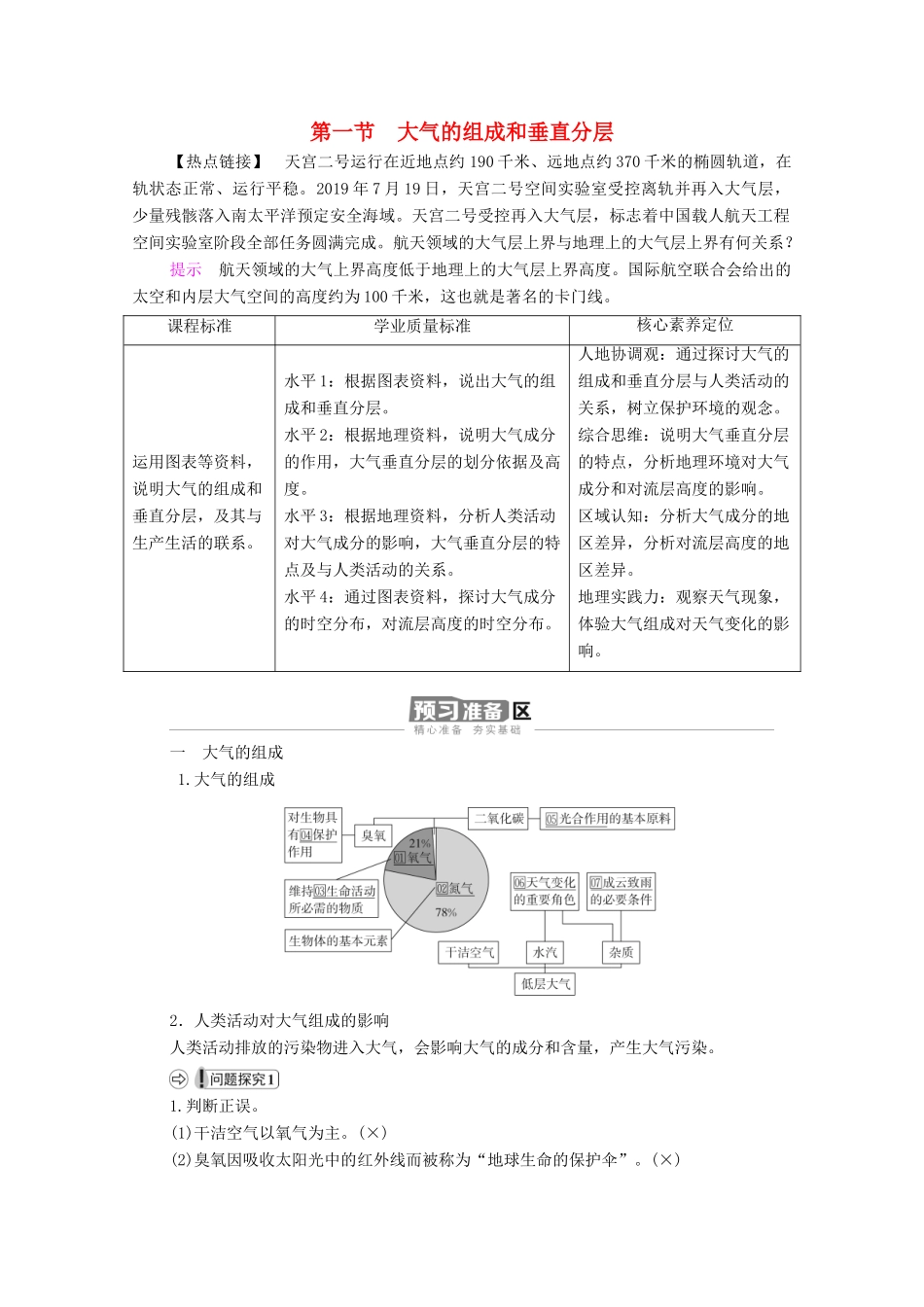 高中地理 第二章 地球上的大气 第1节 大气的组成和垂直分层学案 新人教版必修1-新人教版高一必修1地理学案_第1页