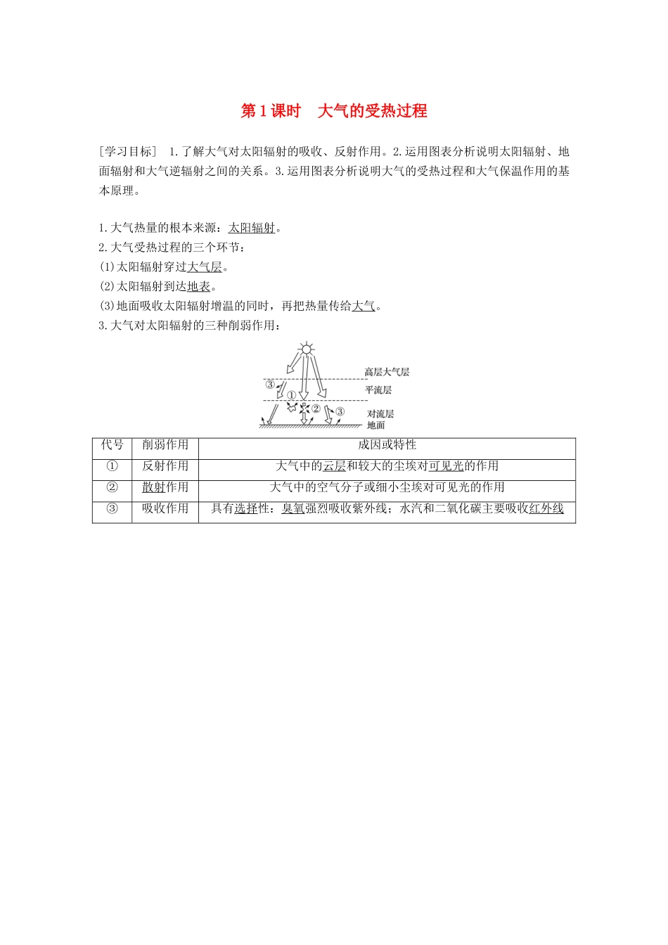 高中地理 第二章 自然地理环境中的物质运动和能量交换 第一节 大气的热状况与大气运动 第1课时学案 中图版必修1-中图版高一必修1地理学案_第1页