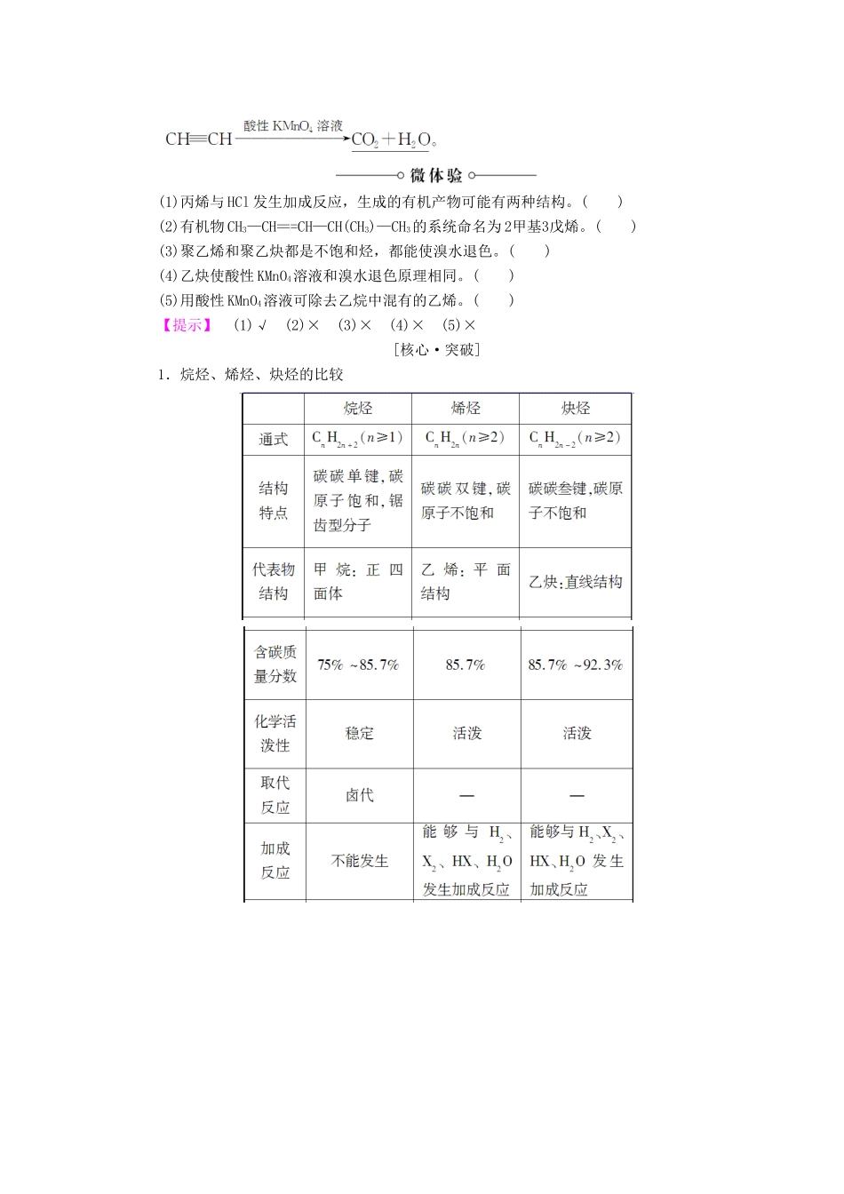 高中化学 第一章 有机化合物的结构与性质 第3节 烃 第2课时 烯烃和炔烃的化学性质学案 鲁科版选修5-鲁科版高二选修5化学学案_第2页
