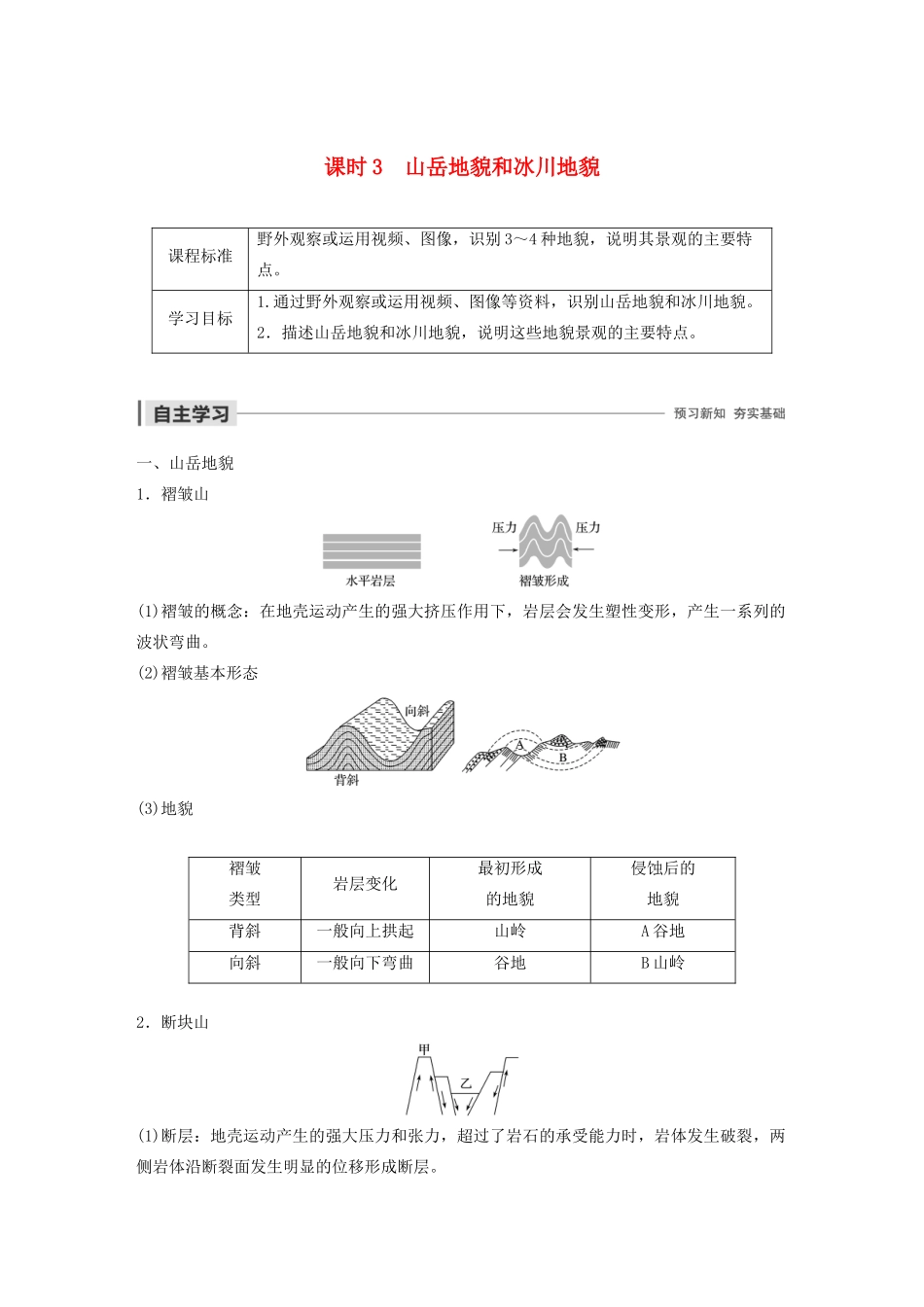 高中地理 第二章 自然环境中的物质运动和能量交换 第一节 典型地貌 课时3 山岳地貌和冰川地貌学案（含解析）湘教版必修1-湘教版高一必修1地理学案_第1页