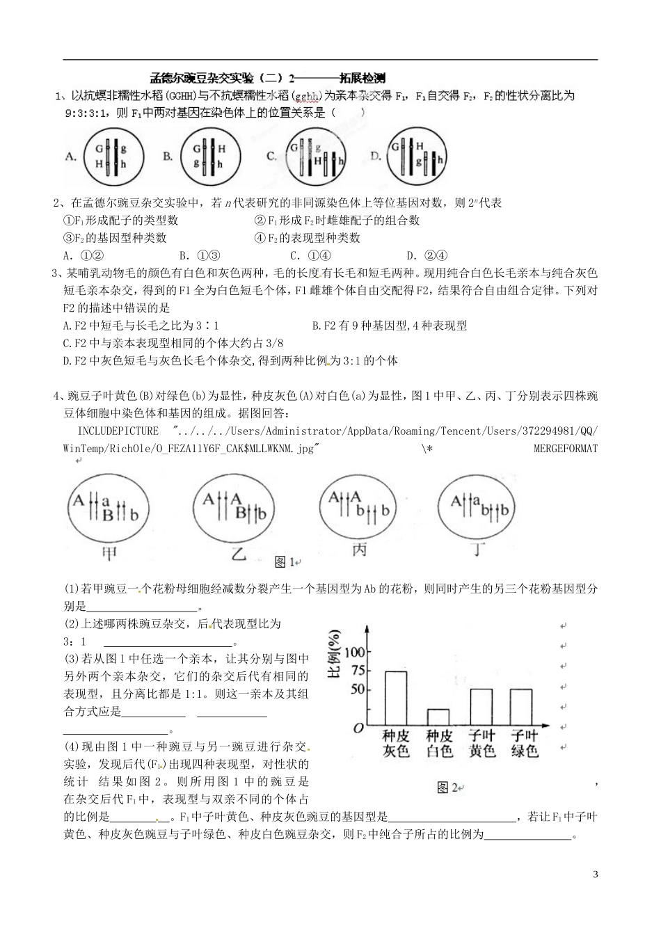 河北省承德市隆化县存瑞中学高考生物一轮复习《孟德尔的豌豆实验（二）》（2）学案_第3页