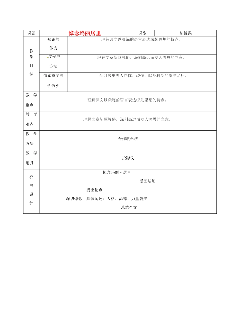 山东省烟台20中八年级语文《悼念玛丽居里》教案（1）_第1页