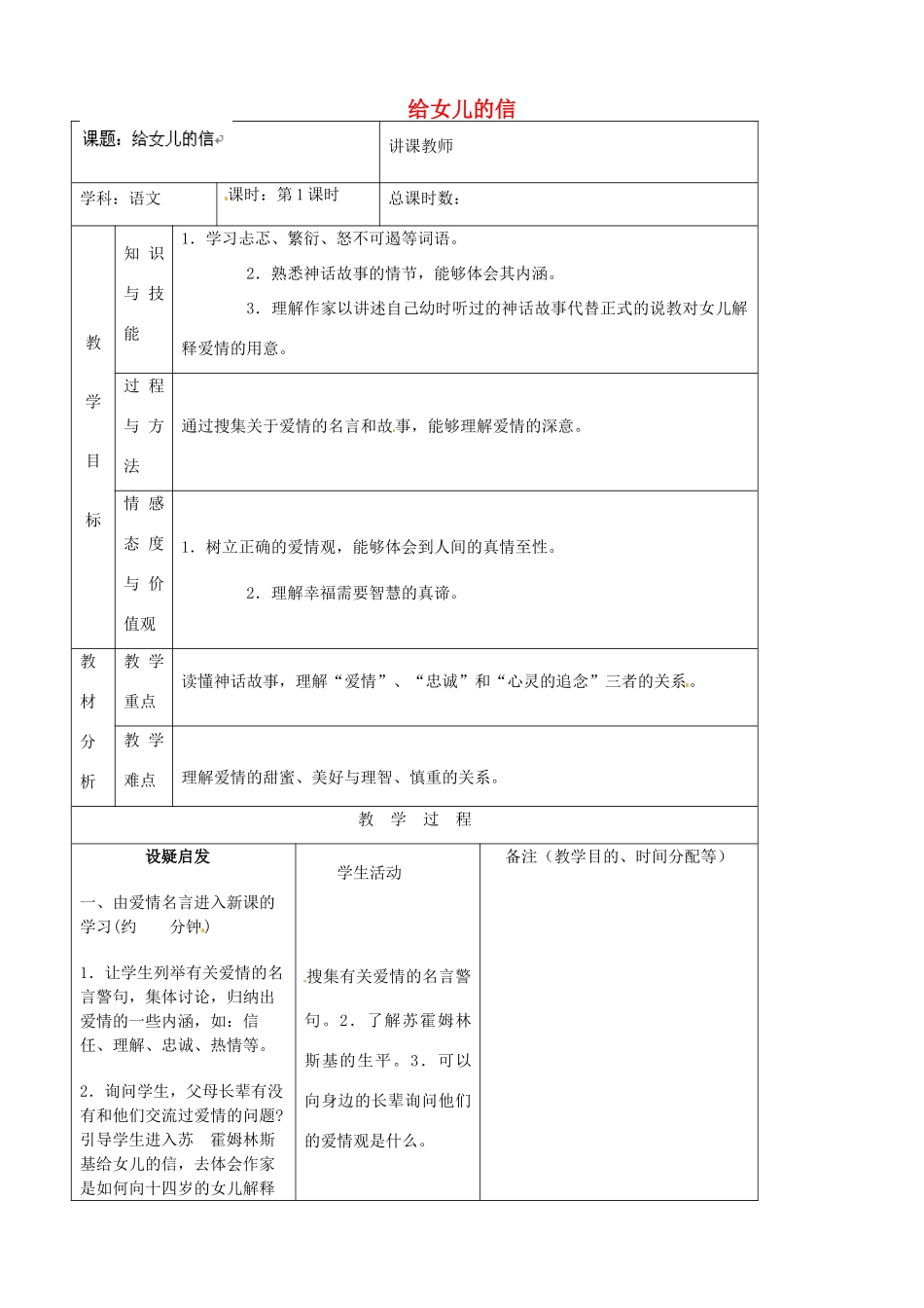吉林省四平市第十七中学八年级语文上册 给女儿的信教案 长春版_第1页