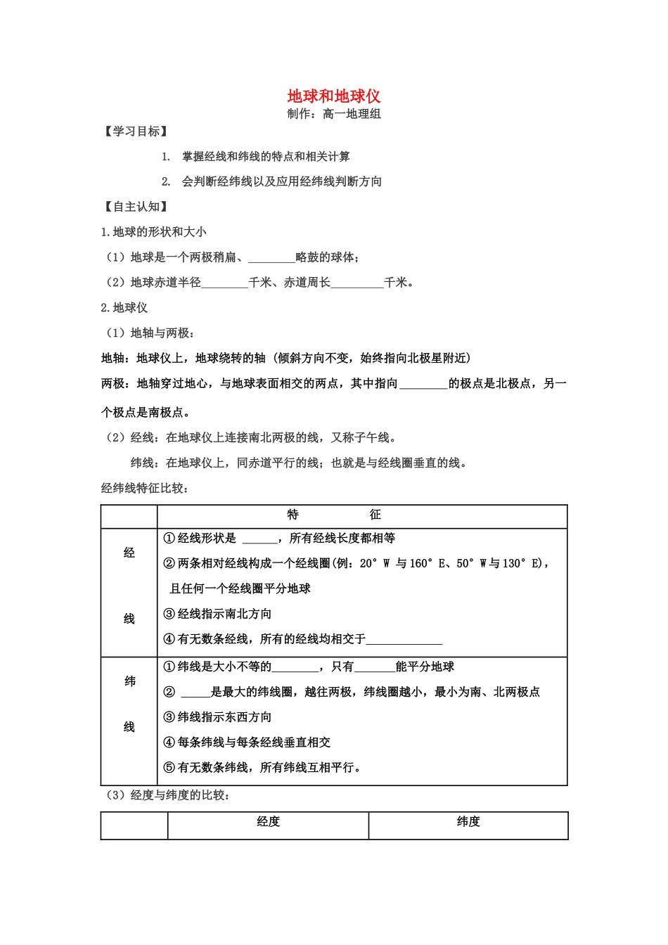 高中地理 第一单元 从宇宙看地球 单元活动　辨别地理方向学案 鲁教版必修1_第1页