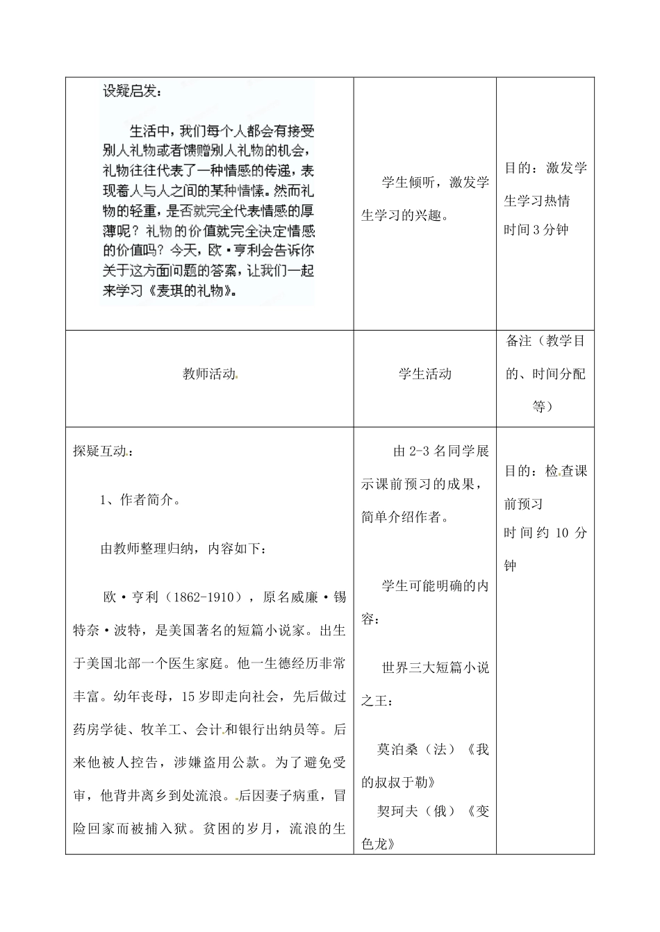 吉林省四平市第十七中学九年级语文上册《第17课 麦琪的礼物》教学设计1 长春版_第2页