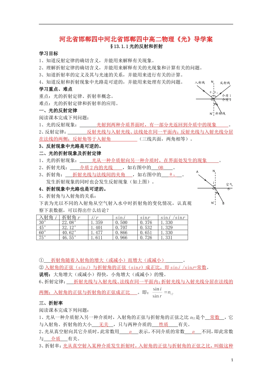 河北省邯郸四中河北省邯郸四中高二物理《光》导学案_第1页