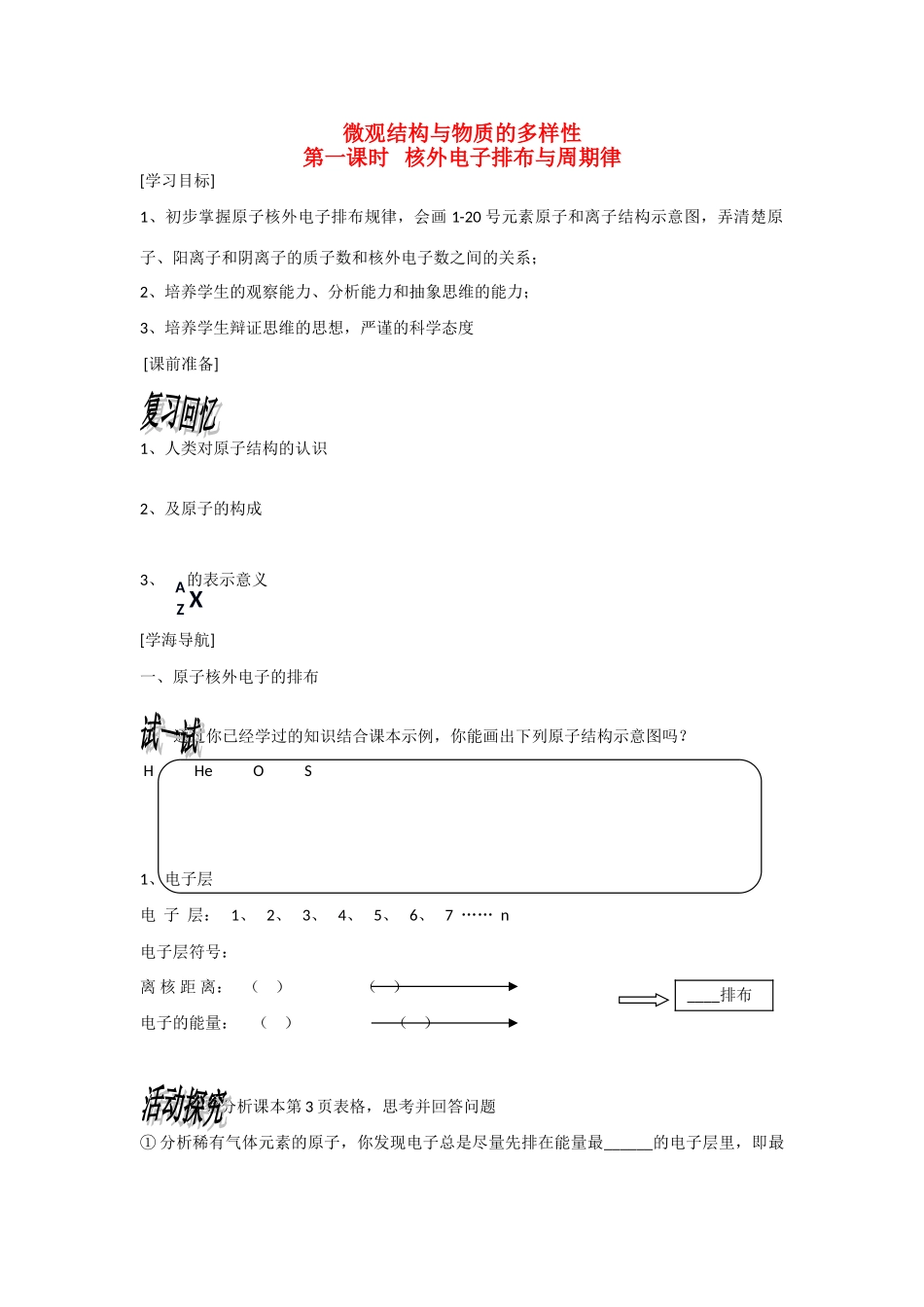 高中化学：1.1.1 核外电子的排布与周期律 学案——核外电子排布苏教版必修2.doc_第1页