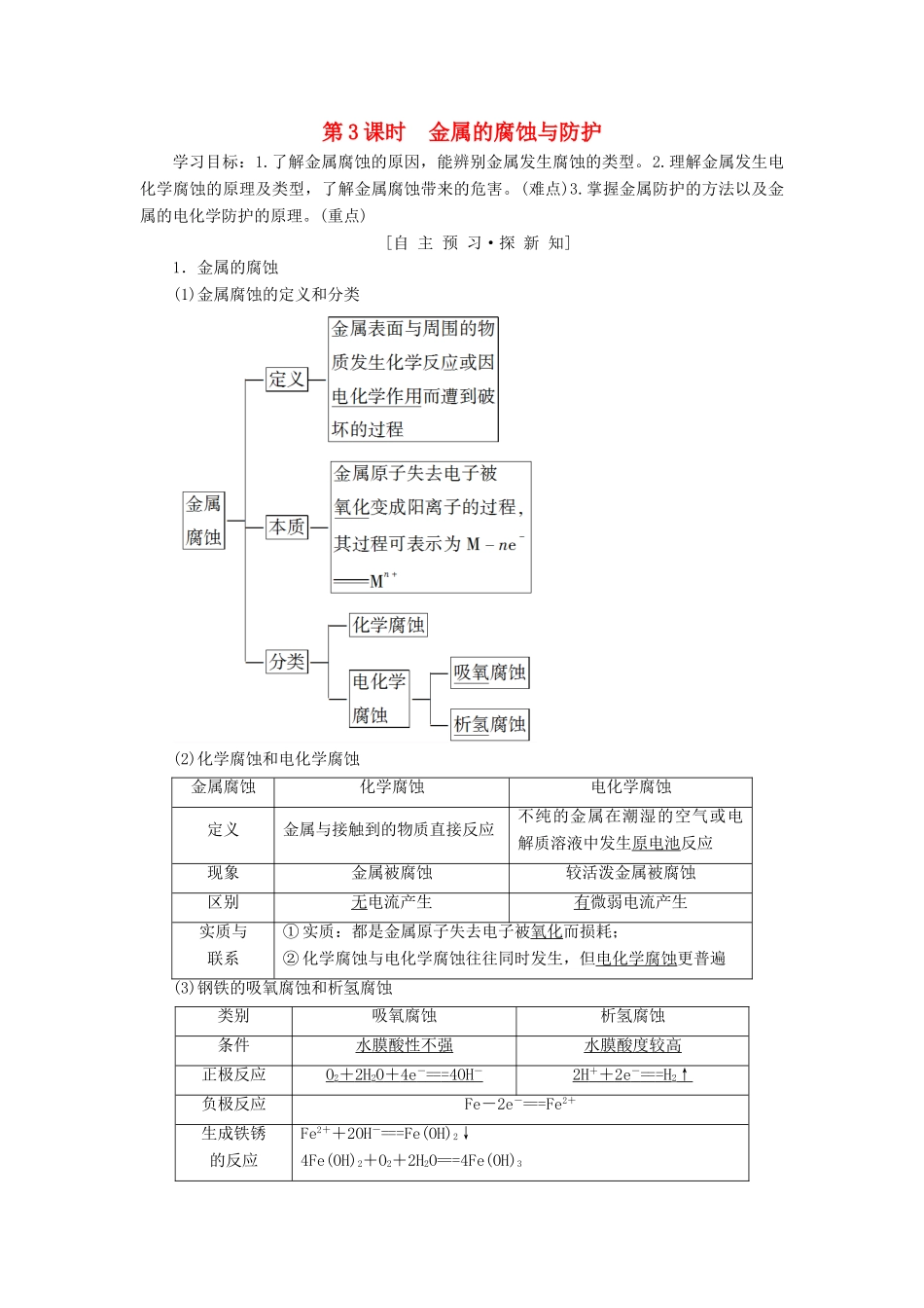 高中化学 第1章 化学反应与能量转化 第3节 化学能转化为电能——电池 第3课时 金属的腐蚀与防护学案 鲁科版选修4-鲁科版高二选修4化学学案_第1页