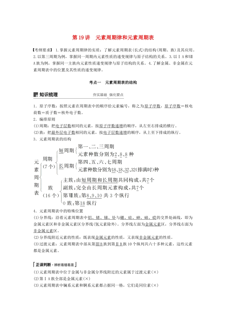 高考化学一轮复习 第五章 物质结构 元素周期律 第19讲 元素周期律和元素周期表学案-人教版高三全册化学学案_第1页