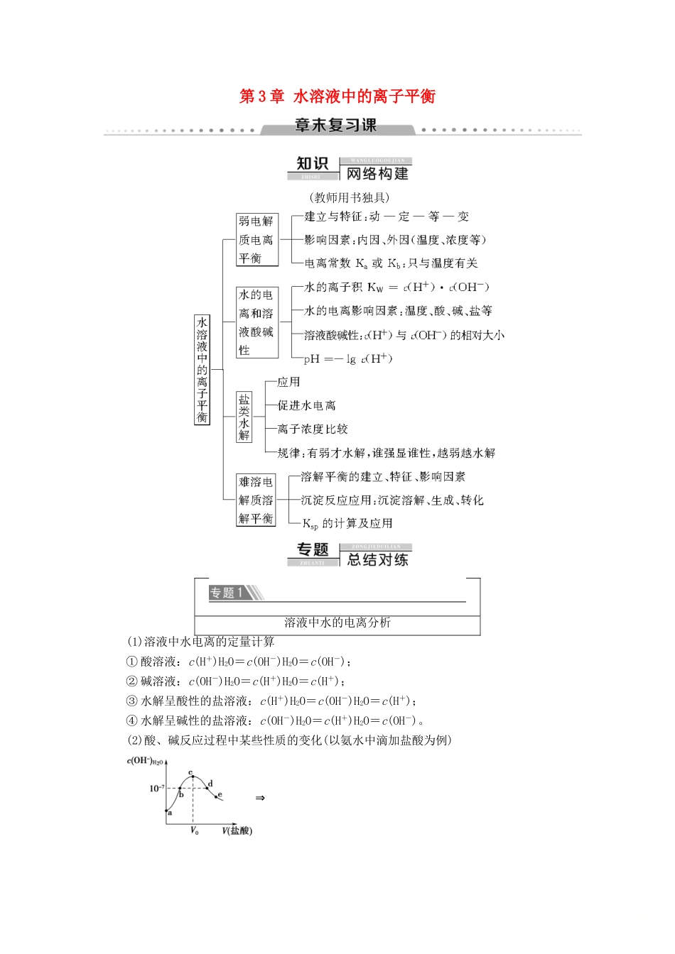 高中化学 第3章 水溶液中的离子平衡章末复习课导学案 新人教版选修4-新人教版高二选修4化学学案_第1页